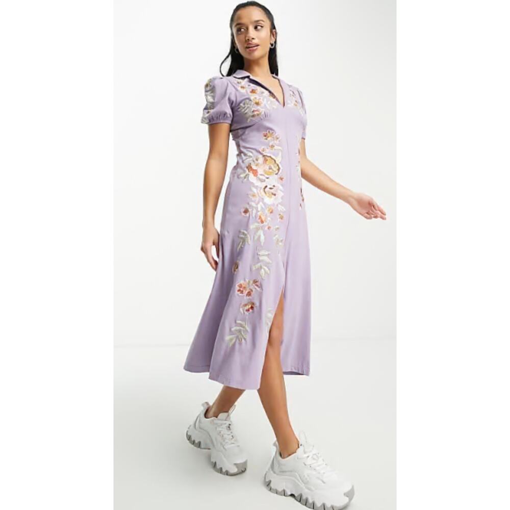ASOS DESIGN Lilac Midi Tea Dress Floral Embroidered Womens Petite 8 Purple